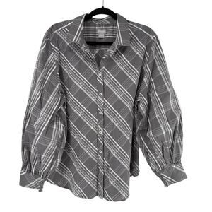Chicos Top Size 4 US 20 Gray Plaid Billow Sleeve Button Up Collared Long Sleeve